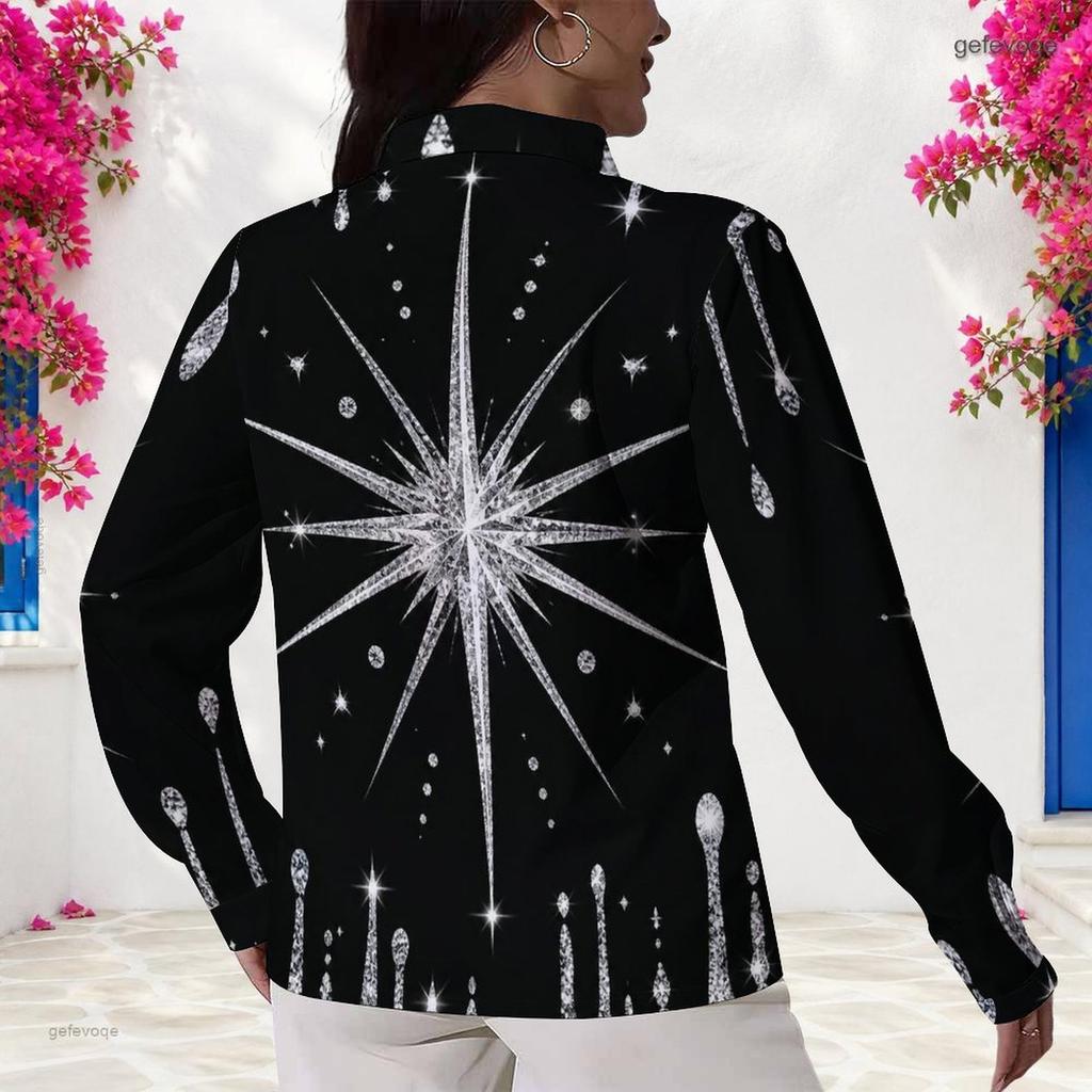 Women Plus Size Collared Neck Long Sleeve Button Front Printed Black Green Gold Shirt