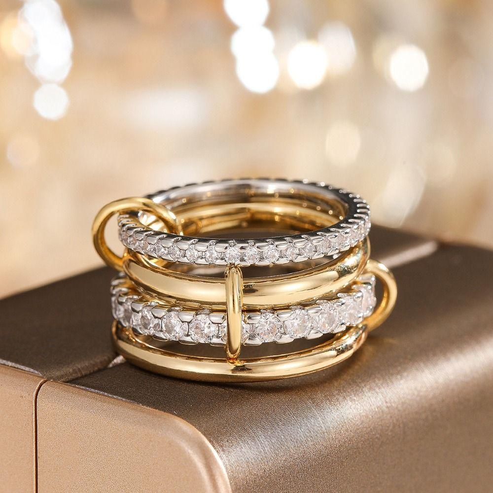 Metal Geometric Knuckle Ring Three Layered Ring Multi-Link Connected Rings Stackable Rings Women