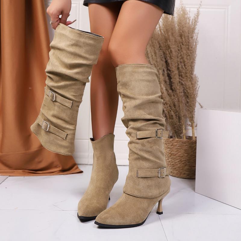 Мода 2025 Уличный стиль Остроносые Сапоги до колена Женские Высокие каблуки Женские Ретро Пряжка на ремне Плиссированные Модные Горячий товар Длинные сапоги