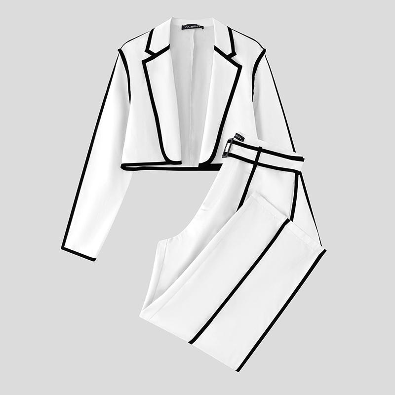 INCERUN Men Stitching Long Sleeve Cropped Tops and Long Pants Outfits Sets