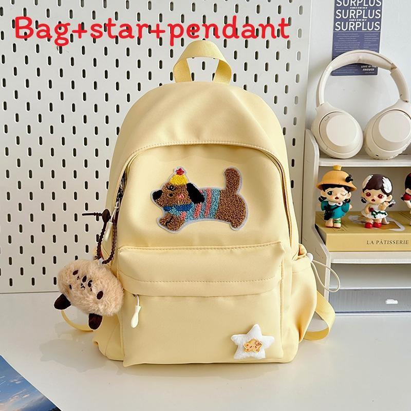 Solid Color Cute Sausage Dog Embroidery Pattern Student Backpack With Star Pendant