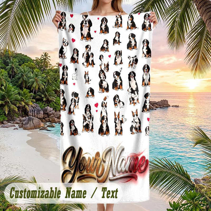 Dog Theme Beach Towel Personalized Custom Name & Text Soft Quick Dry Beach Towel for Swimming Travel