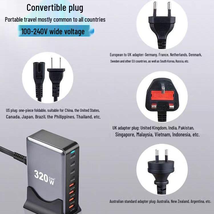 320 Вт многопортовое USB-зарядное устройство на нитриде галлия с быстрой зарядкой PD100 Вт