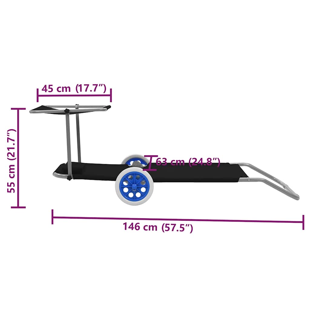 Folding Sun Lounger with Sunshade and Wheels Steel Black