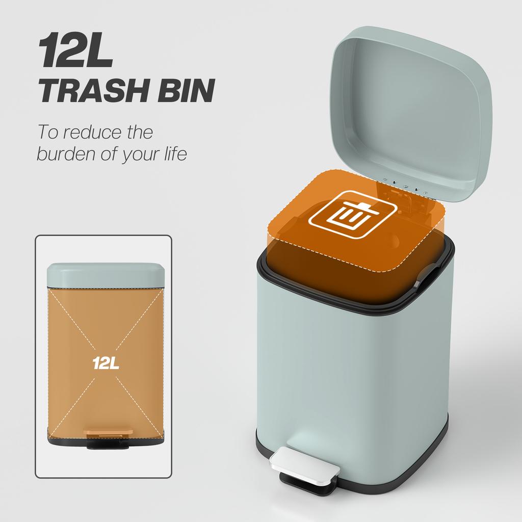 12L Modern Boxy Metal Home Kitchen Bin - Light Green