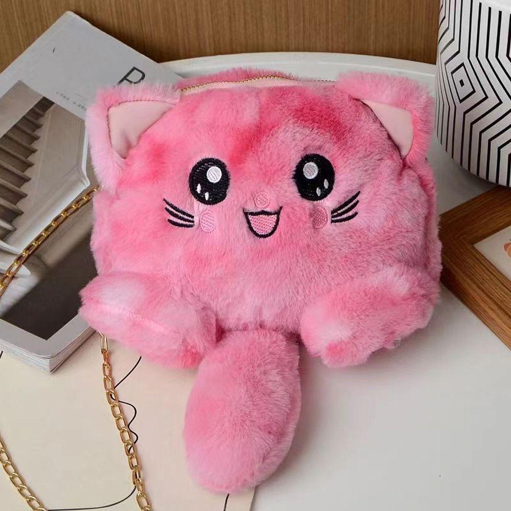 Rainbow Cat Shoulder Bag Faux Fur Stuffed Doll Bag Portable Plush Crossbody Bag  Streetwear