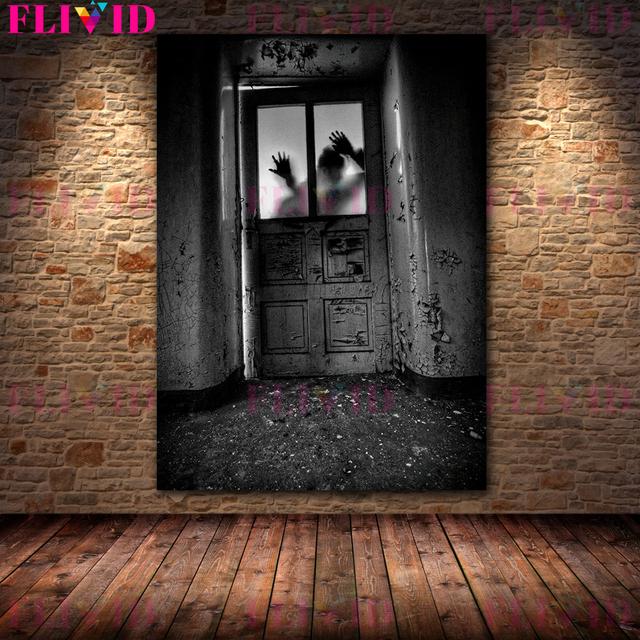 Ужасные фигурки призраков в окне Ретро настенная живопись на холсте Таинственная паника Художественные плакаты и принтеры