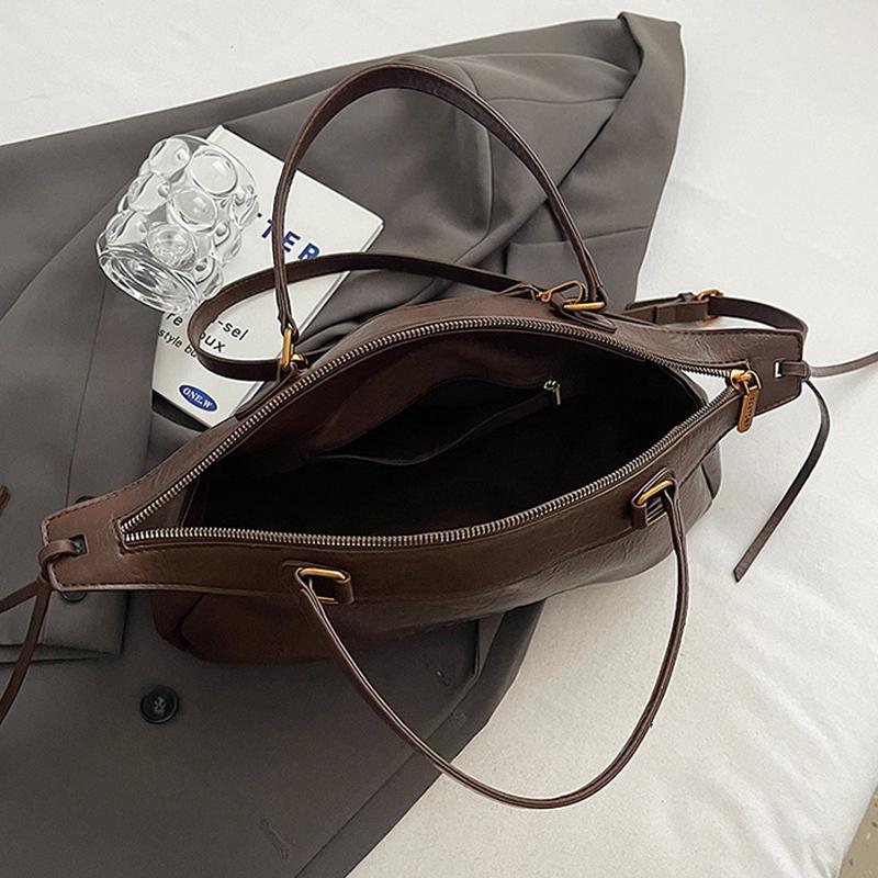 Осень Зима Женская Сумка Большая Вместимость Сумка Боулинг Повседневная Сумка Через Плечо Винтажный Стиль Коричневая Кожаная Сумка CLE