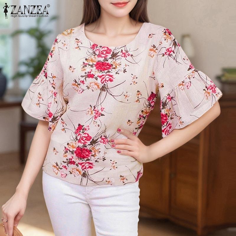 ZANZEA Женская повседневная блузка с круглым вырезом и рукавом 3/4 с цветочным принтом