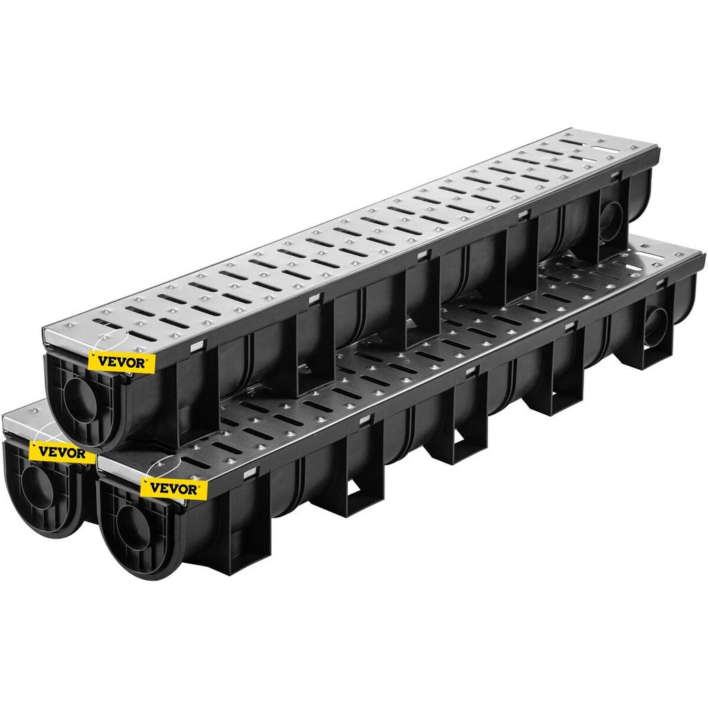 Trench Drain System, Channel Drain with Metal Grate, 150x130 mm HDPE Drainage Trench, Black Plastic Garage Floor Drain, 3x39 Trench Drain Grate, with