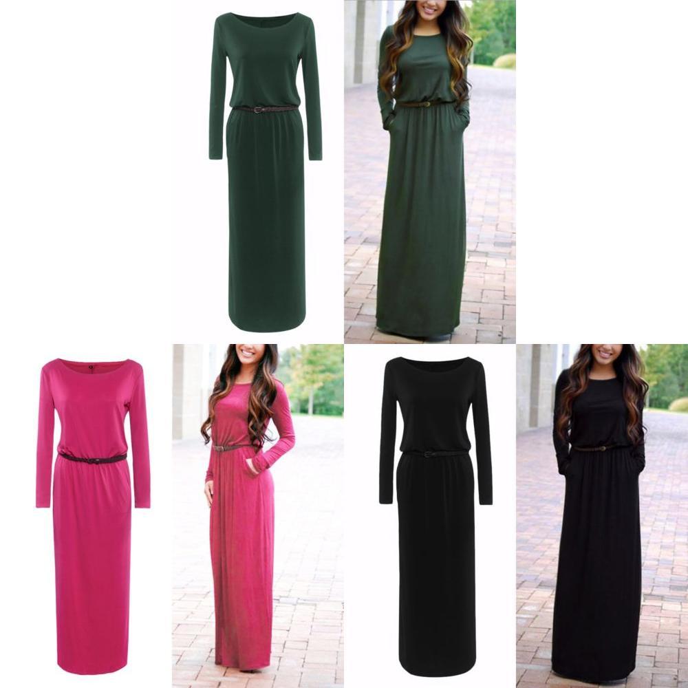 Fashion Casual Women Long Sleeve Belted Party Evening Cocktail Long Dress Maxi