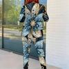Women Plus Size Two Piece Set Round Neck Long Sleeve Black Gold Printed Top Fitted Pants