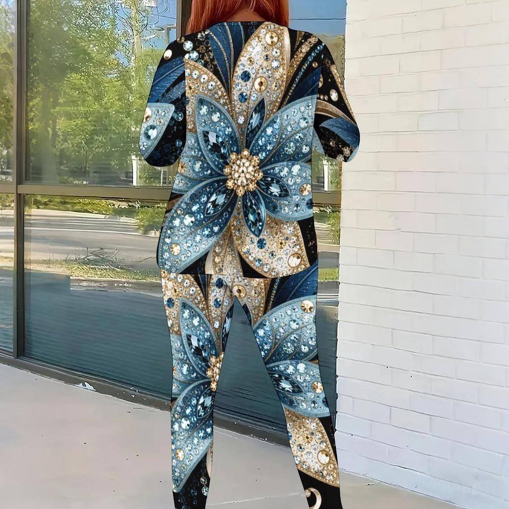 Women Plus Size Two Piece Set Round Neck Long Sleeve Black Gold Printed Top Fitted Pants