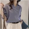 Женская рубашка в полоску со шнуровкой и короткими рукавами, женская свободная повседневная рубашка, топы больших размеров, винтажная базовая офисная повседневная женская рубашка, удобная одежда
