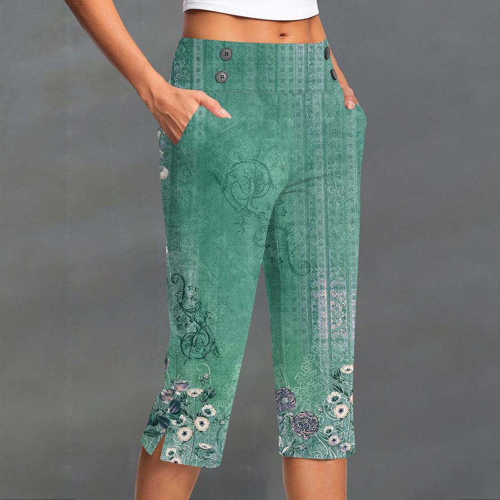Женские винтажные брюки с цветочным принтом, на пуговицах, с карманами, с разрезом, с высокой талией, спортивные, для йоги, повседневные