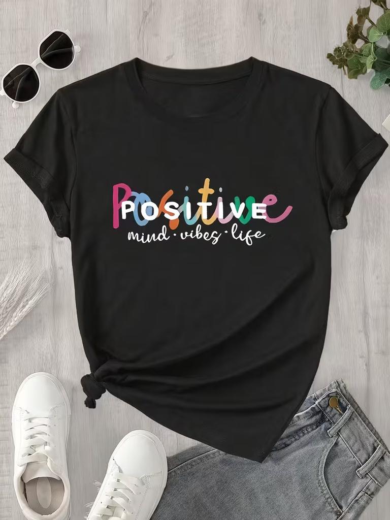WomenS Casual TShirt with Colorful Positive Mind Vibes Life Print Short Sleeve Lightweight Breathable Ladies T Shirts