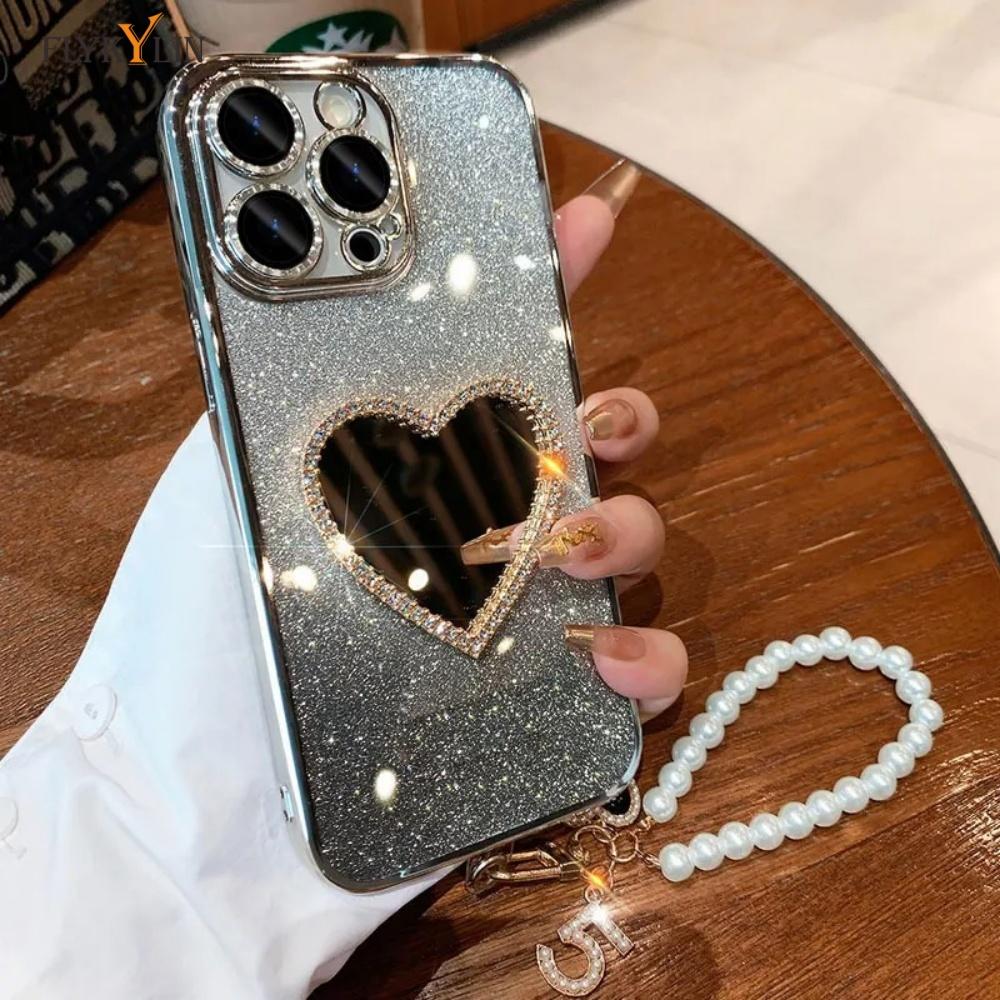 Роскошный чехол для телефона с зеркалом любви и бриллиантами для Xiaomi Redmi Note 14 13 Pro Plus 5G 4G 14S 14 13 Pro, шнурок для подвешивания с жемчужным сердцем
