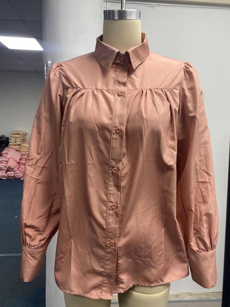 Women's Long Sleeve Ruched Stand Collar Lantern Sleeve Shirt