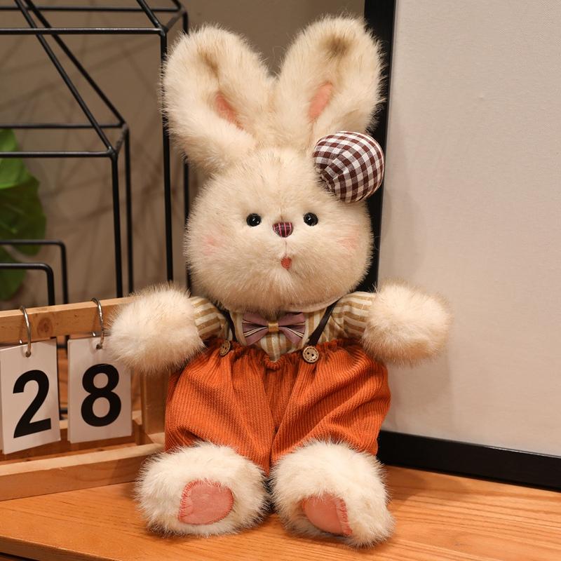 Rabbit Plush Doll Multiple Sizes Cream Fluffy Bunny Stuffed Animal Removable Outfit Gingham Ear Birthday Holiday Gift Home Decor