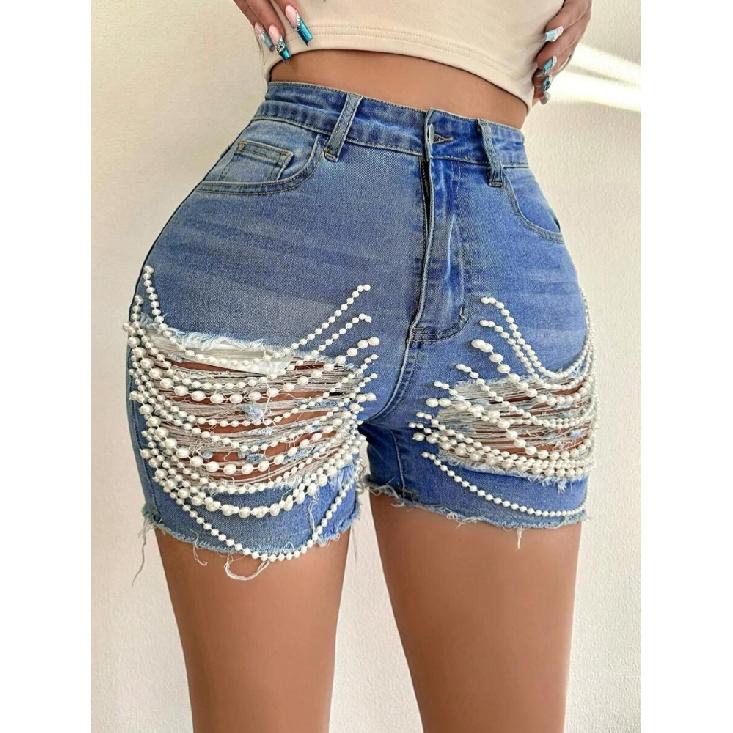 Джинсовые шорты женские летние новые с высокой талией и тонкие рваные шорты ручной работы с цепочкой из бисера для женщин