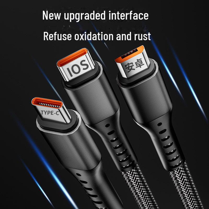 Кабель для зарядки мобильного телефона 3-в-1 с функцией быстрой зарядки мощностью 100 Вт, визуальным чипом, разъемом Type-C и световым индикатором.