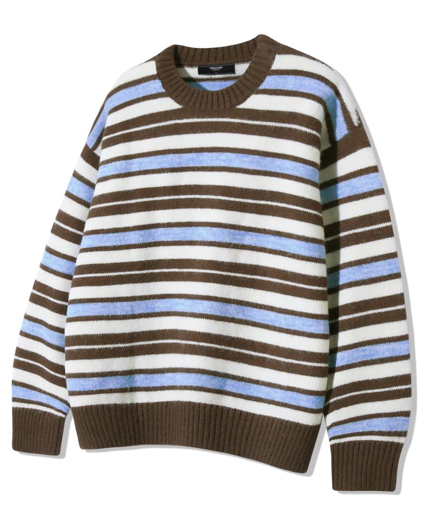 TRILLION Washable Hairy Stripe Crewneck Knit_Brown