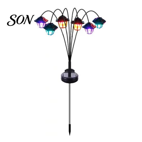 Holiday Garden Ornament Lighting Solar Swaying Lantern, Outdoor Waterproof 6-Head Pathway Stake Light, Auto on Flexible Pole Lanterns Off
