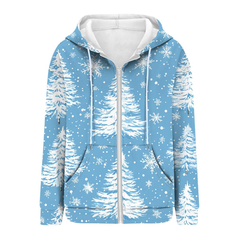 Женская рождественская печатная толстовка осень-зима с длинным рукавом кардиган куртка с карманами на молнии толстовка с капюшоном верхняя одежда