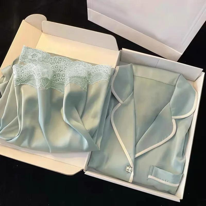 Сексуальная ночная одежда, женская пижама, комплект с короткими рукавами, шорты с отворотами, кардиган, женская домашняя одежда, сексуальное кружево, простая однотонная пижама