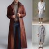 Men Long Imitation Leather Trench Coat Lapel Long Sleeve Solid Color Windbreaker Jacket Waterproof Windproof Windbreaker