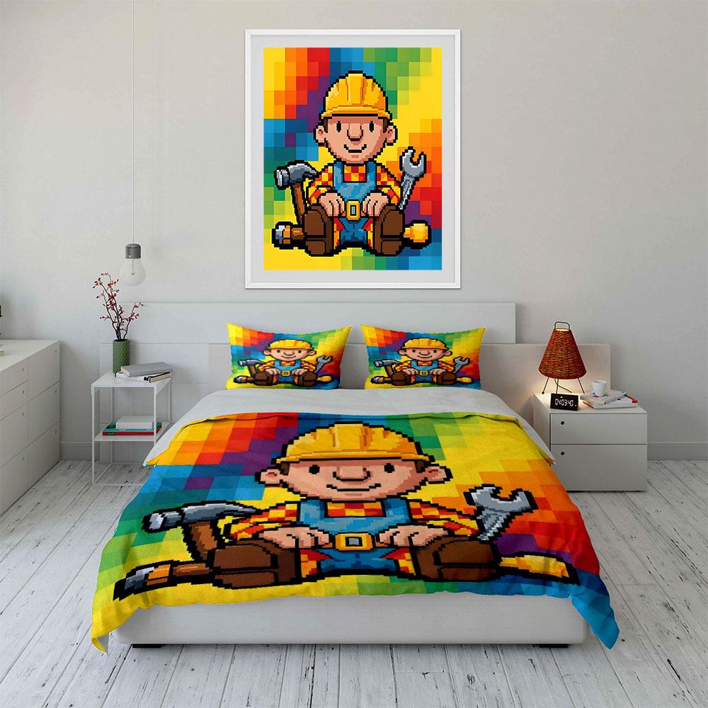 Pixel-styled cartoon repairman Pattern Duvet Cover Set Digital Print Colorful Polyester Bedding with Zipper Closur for kids gift