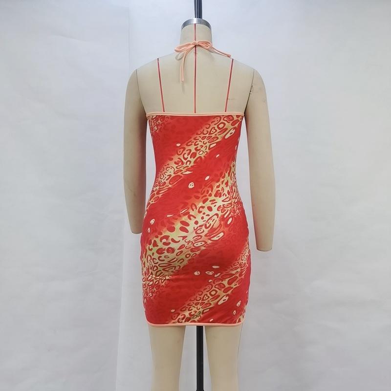 Women's Autumn Sexy Lace Up Hanging Neck Leopard Printed Hipster Dress