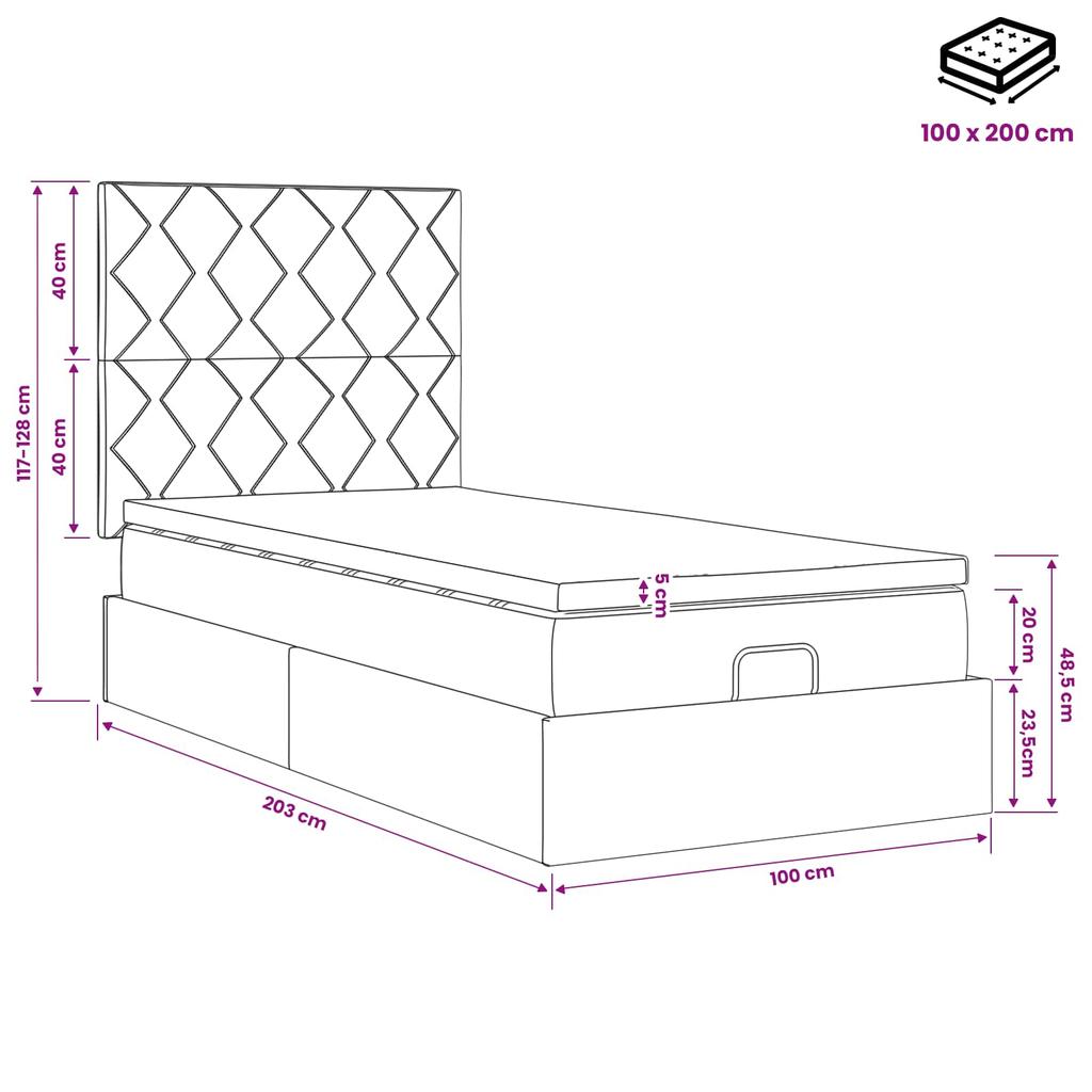 Ottoman Bed with Mattress and LED Pink 100 x 200 cm Velvet