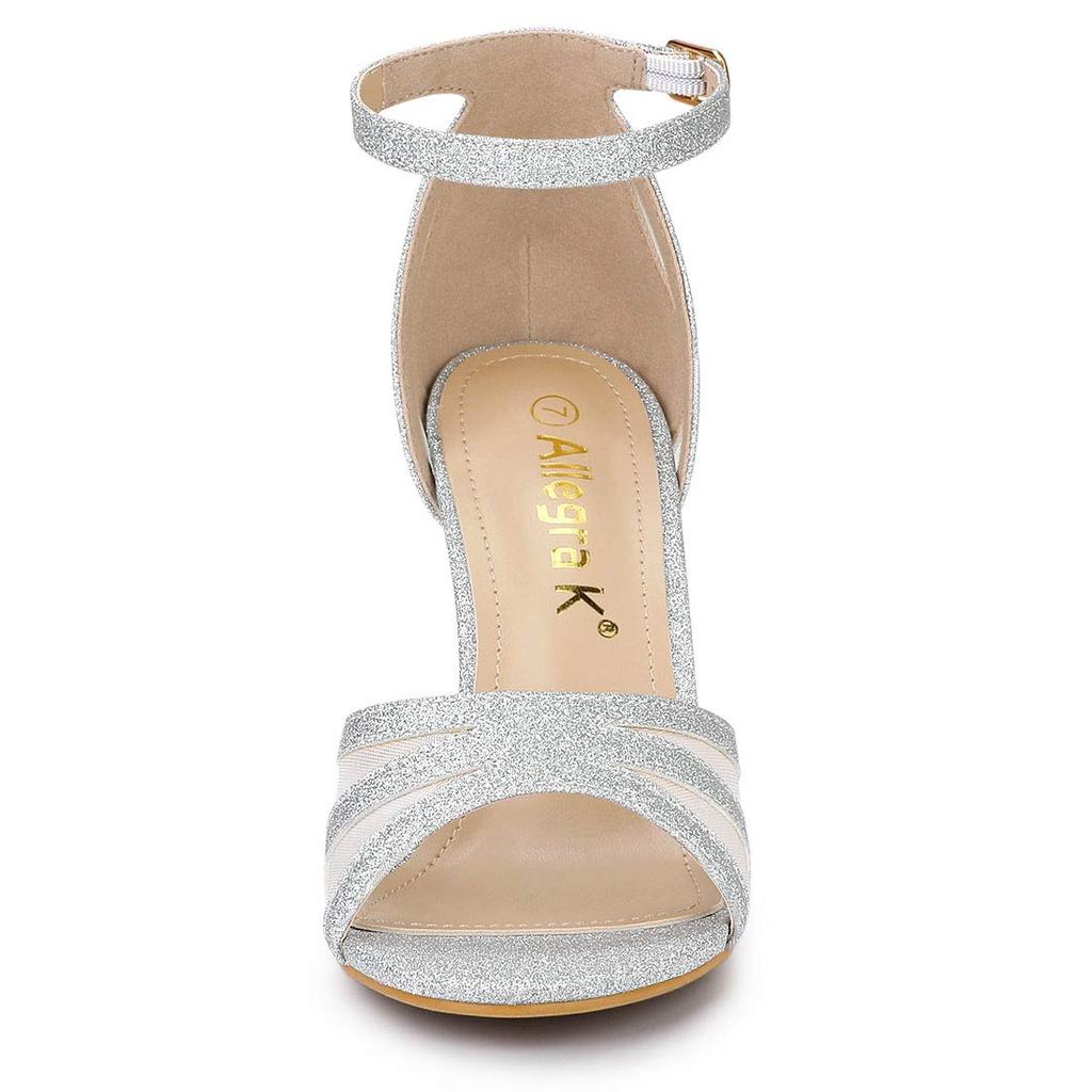 Allegra K Women's Silver Sequined Ankle Strap High Heel Sandals, Size 27.5cm
