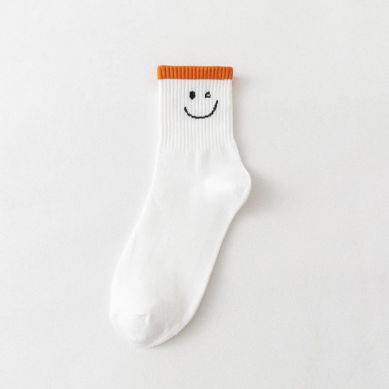 Autumn and Winter Women's Socks Mid-calf White Cartoon Student Bear Rainbow Letter Heart Smiling Face Striped Sports