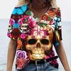 Flower Skull Pattern 3D Digital Print Women's Comfortable V-neck Short Sleeved T-shirt