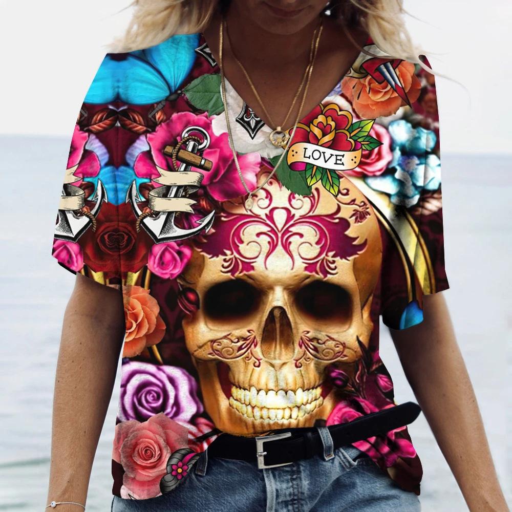 Flower Skull Pattern 3D Digital Print Women's Comfortable V-neck Short Sleeved T-shirt