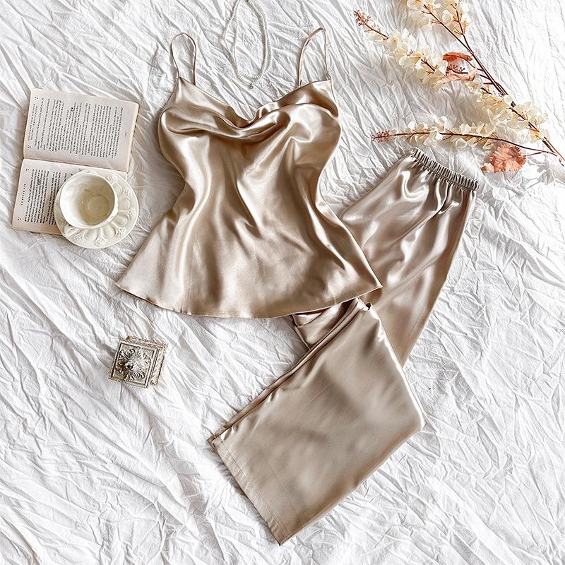 Пижама весна и лето подтяжки длинные брюки костюм мода сексуальный тонкий срез имитация шелка домашняя одежда