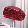 Fashionable Glitter Decorated Hollow Mesh Beret Hat Adjustable Size Outdoor Travel Photography Metal Tagged Cap for Women