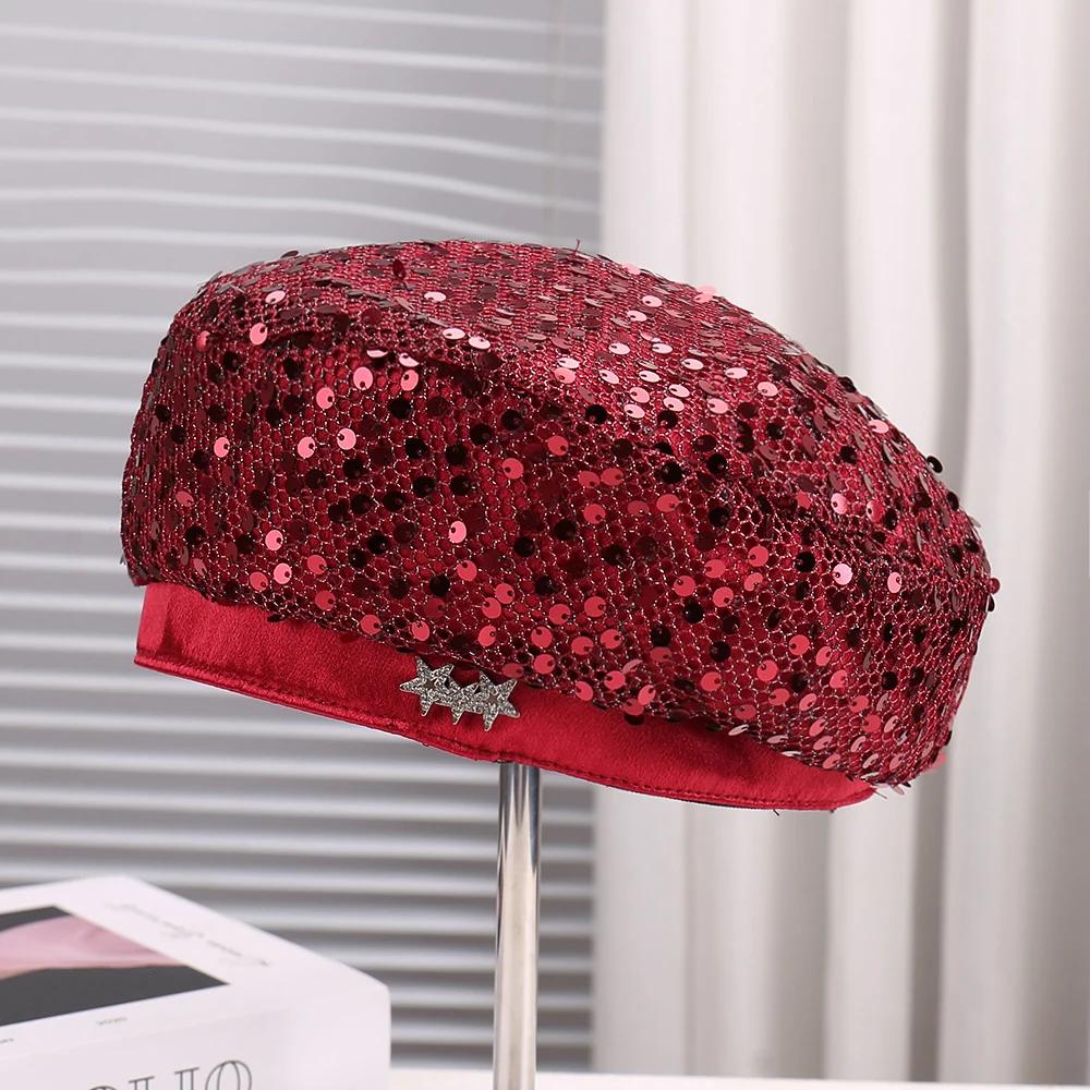 Fashionable Glitter Decorated Hollow Mesh Beret Hat Adjustable Size Outdoor Travel Photography Metal Tagged Cap for Women