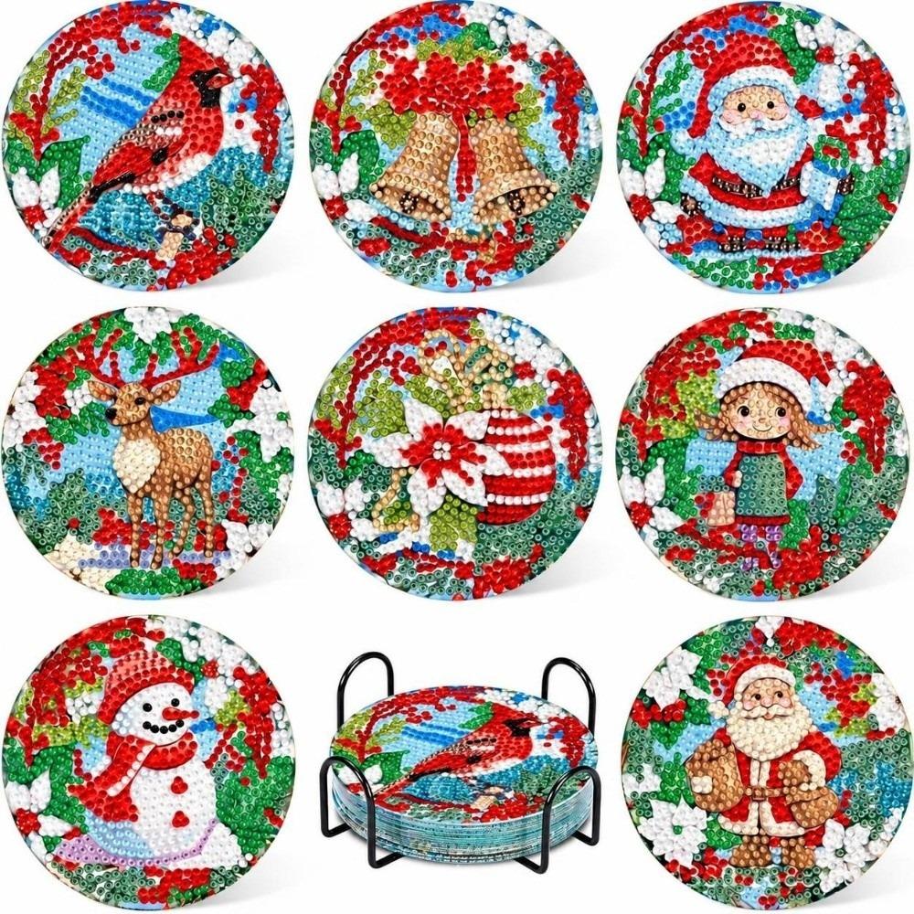 8Pcs Handmade Round Art Coasters with Metal Stand Coaster Kit Christmas Theme