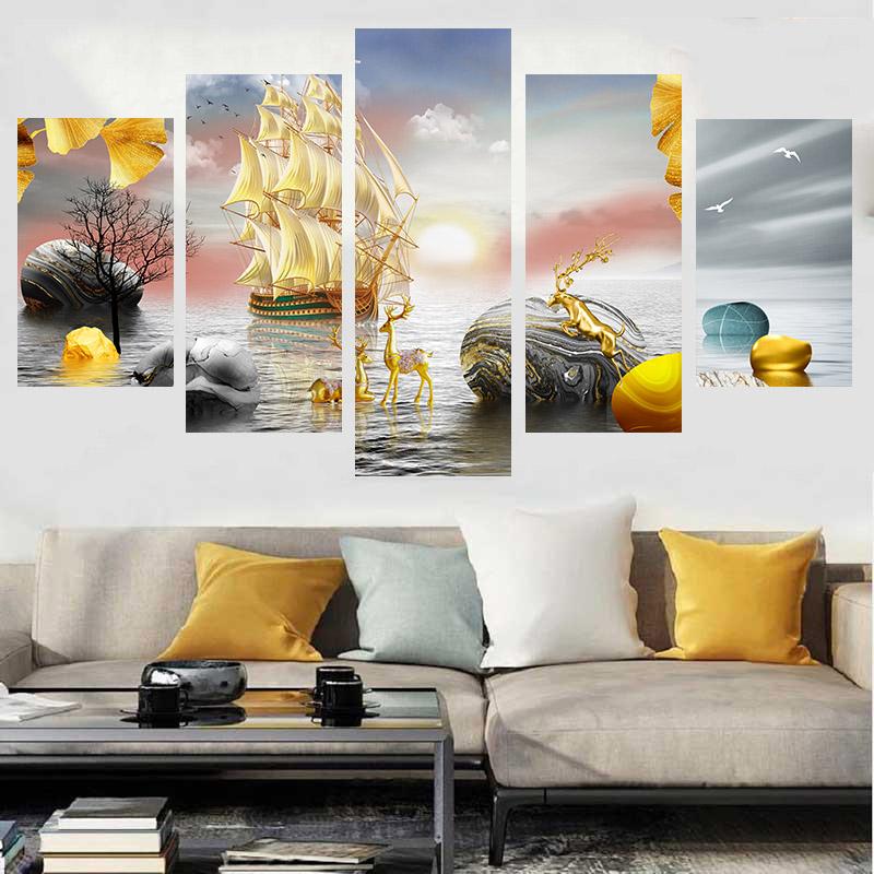 5 панелей абстрактный пейзаж холст картина золотое дерево камень плакаты с оленями и принты настенные художественные фотографии домашний декор без рамки