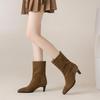 Модная женская обувь Натуральная замшевая кожа Слипоны Высокий каблук Осенние ботильоны Квадратный носок Ретро Женские Высококачественные Ботинки Обувь Женская