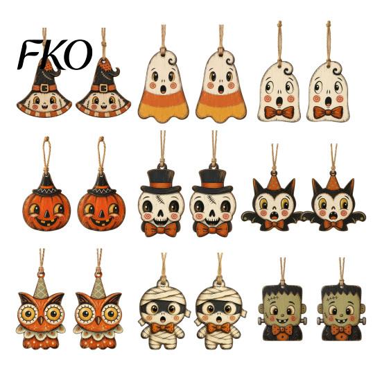 Vintage Cartoon Halloween Set Wooden Hanging Decor, Ghost Black Cat Pumpkin Owl Ornament, Rustic Mummy And Ornaments Wall Decor Gift Tags for
