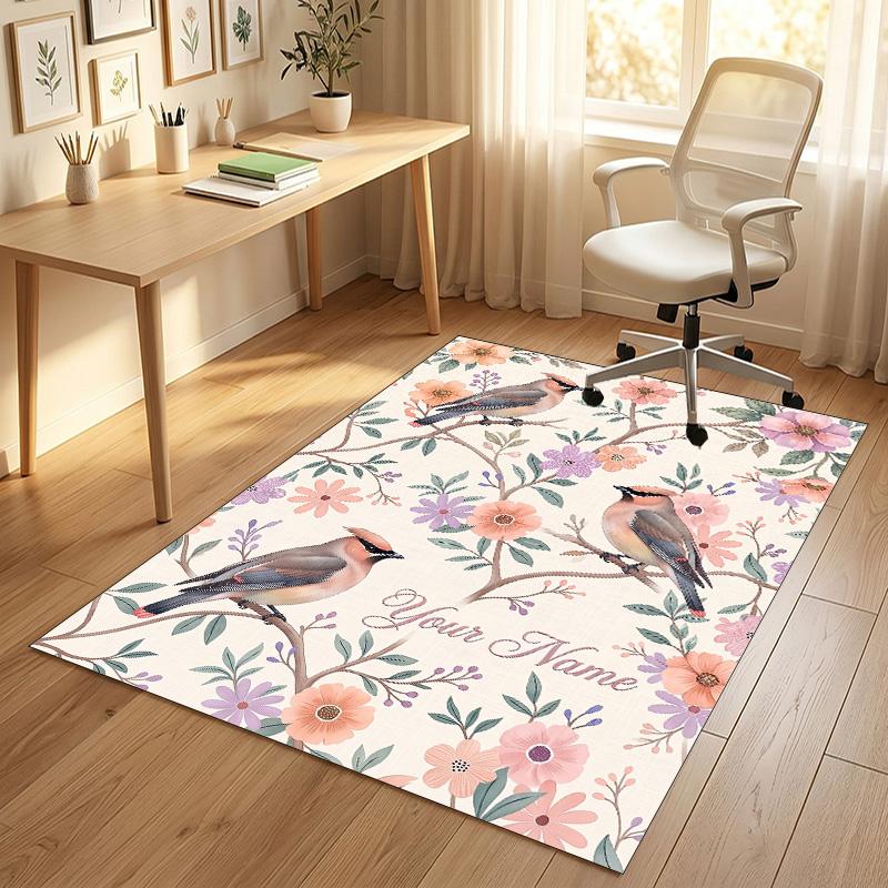 Birds Floral Theme Soft Crystal Velvet Rug Custom Name & Text Print Non Slip Floor Rug for Bedroom Living Room