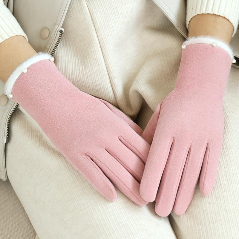 Winter Women Keep Warm Fashion Elegant Plush Wrist Cuff Pearl Gloves Luxury Fleece Soft Cycling Drive Touch Screen