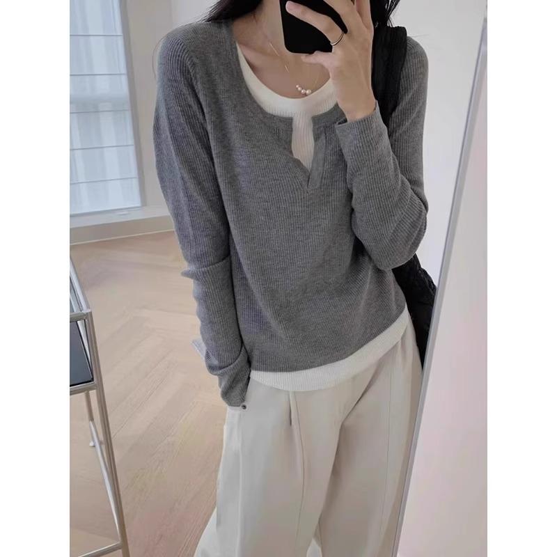 Шикарная женская футболка-двойка с асимметричным подолом для весенне-осенних каникул в стиле пэчворк с длинными рукавами и облегающим низом