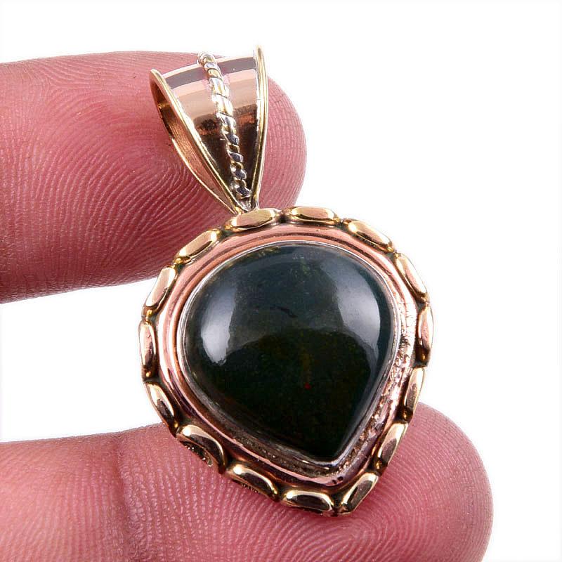 Natural Bloodstone Gemstone 925 Solid Sterling Silver TwoTone Pendant 1.25" n8I18