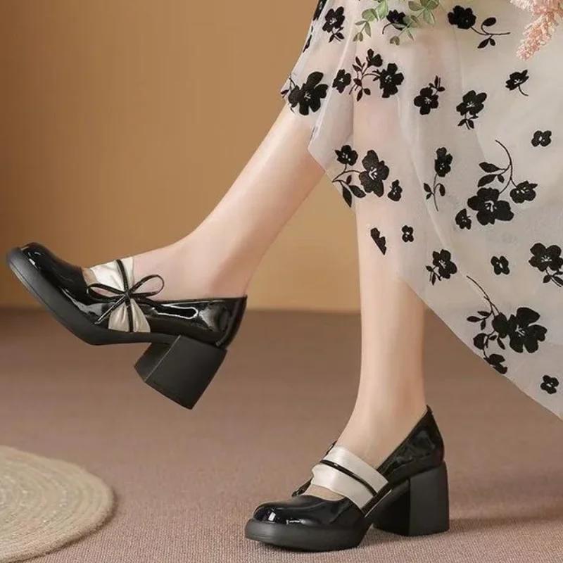 Fashion High Heels for Women 2024 British Style Mary Jane Women's Shoes Bow Thick Heels Gentle Shallow Mouth Single Shoes for Women
