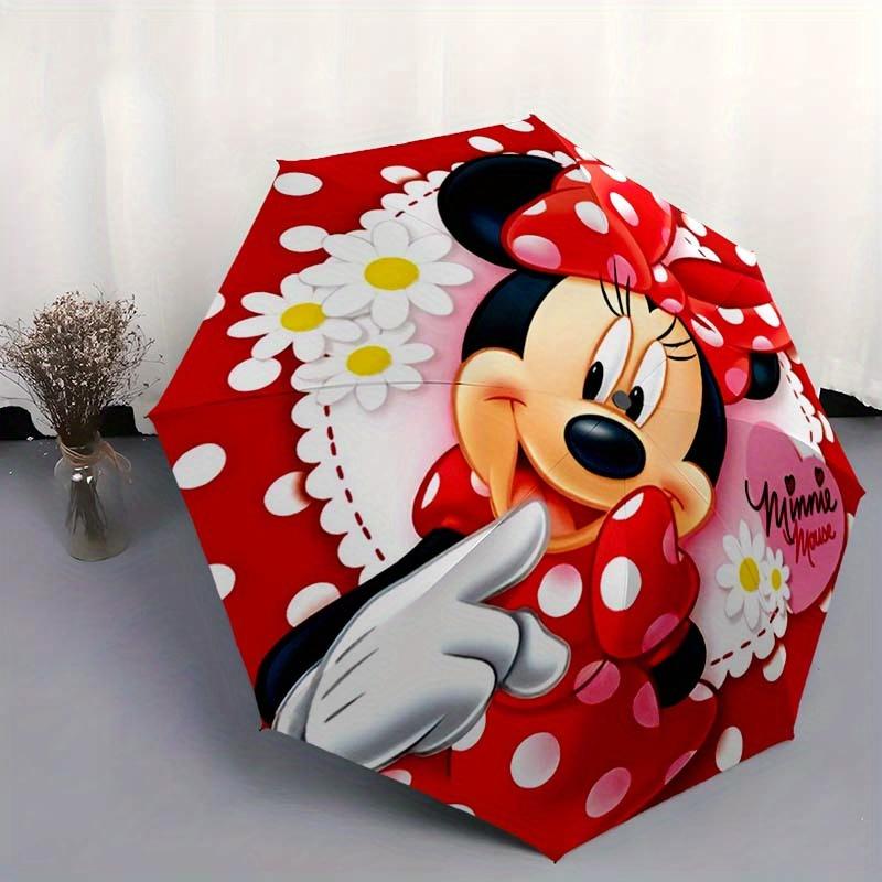 Disney Mickey Mouse and Minnie Automatic Open/Close Umbrella - Cute Umbrella with Cute Design, Portable 3-Fold Compact Umbrella